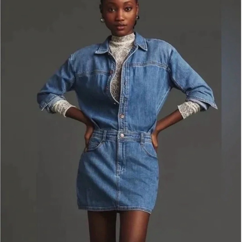 Pilcro Anthropologie Denim Shirt Dress XS Petite Button Front Mini Dress